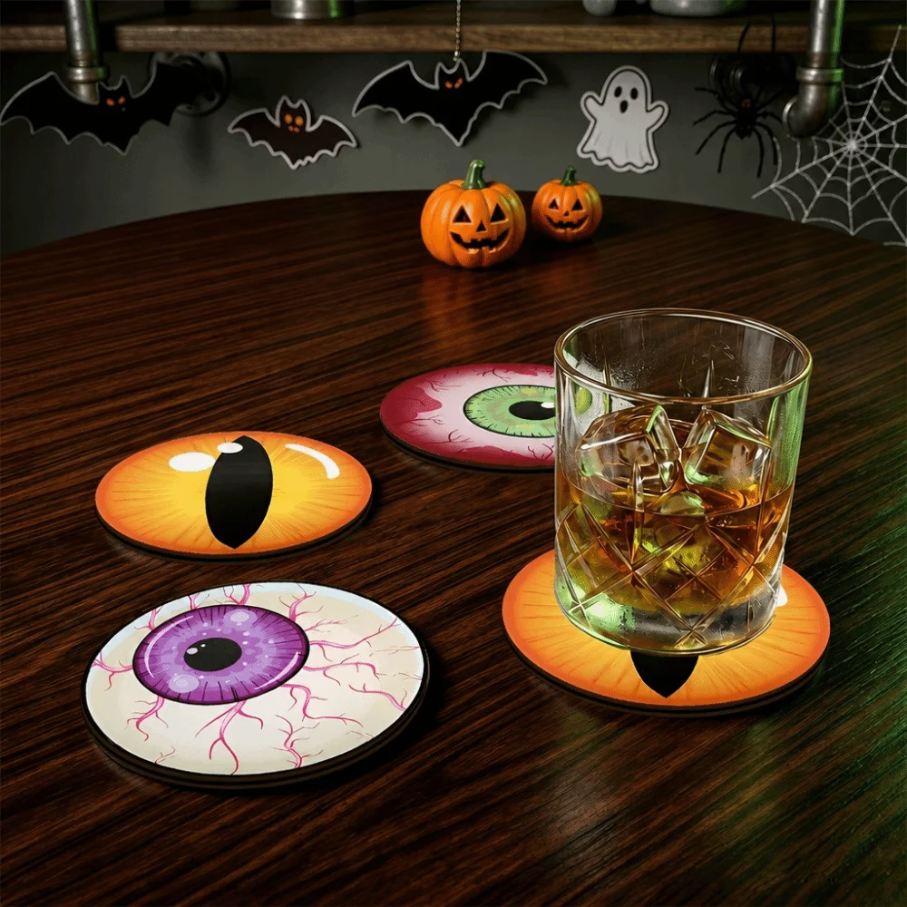 6pcs Creative Non-slip Halloween Coasters Heat-Insulating Soft Bloodshot Eyeball Coaster Wooden Cat Eyes Cup Mat Party