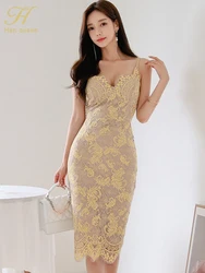 H Han Queen Halter senza spalline Summer OL Lace Pencil Dress New Fashion Sexy V Collar senza maniche Vintage Club Party Dresses