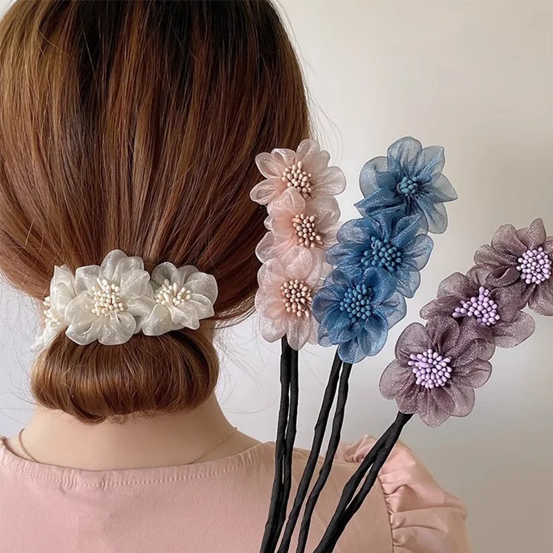 Elegant Shell Pearl Lazy Hair Curler Bow Barrettes Braided Hair Artifact Vintage Women Flower DIY Hair Maker Tools Scrunchies