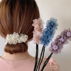Elegant Shell Pearl Lazy Hair Curler Bow Barrettes Braided Hair Artifact Vintage Women Flower DIY Hair Maker Tools Scrunchies