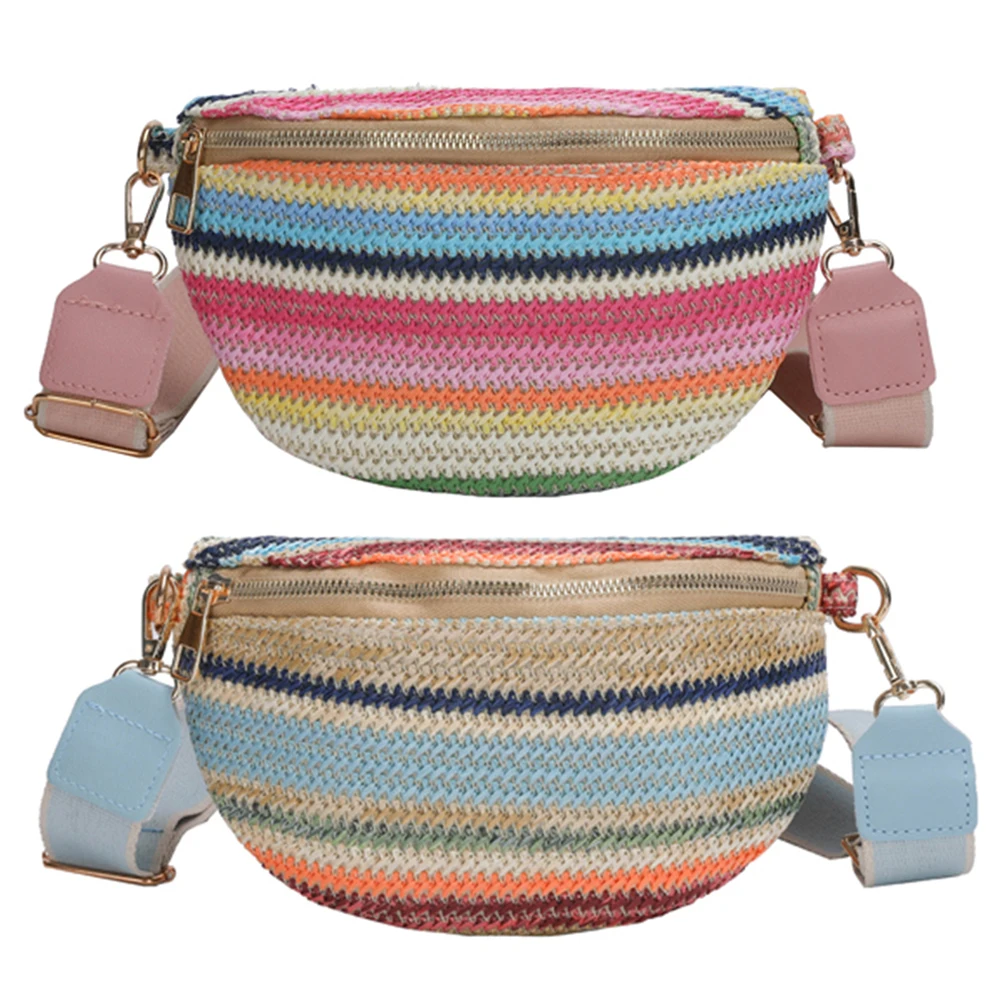 

Rainbow Striped Fanny Pack Bum Bag Fashion Straw Woven Waist Bag Adjustable Strap Simple Portable Colorful for Weekend Vacation