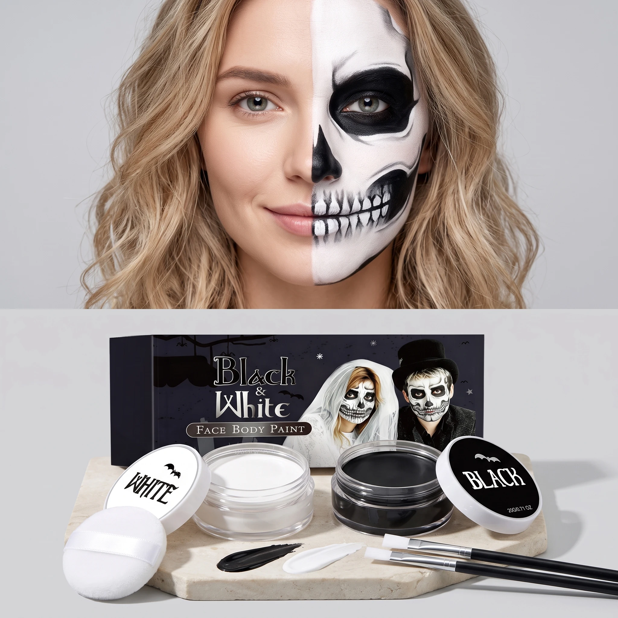 Black White Face Body Paint Kit for Halloween Clown Vampire Costume Non-Toxic Party Cosplay Body Art Pigment 2 Colors Cream Make