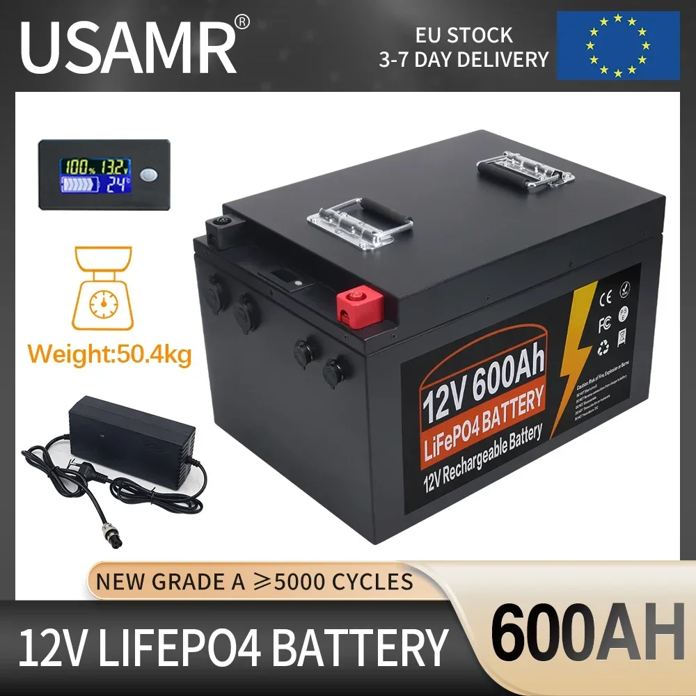 12V 600AH LiFePo4 Battery Built-in BMS Lithium Iron Phosphate Cells Pack 5000 Cycles For Solar Storage Inverter Motor TAX FREE