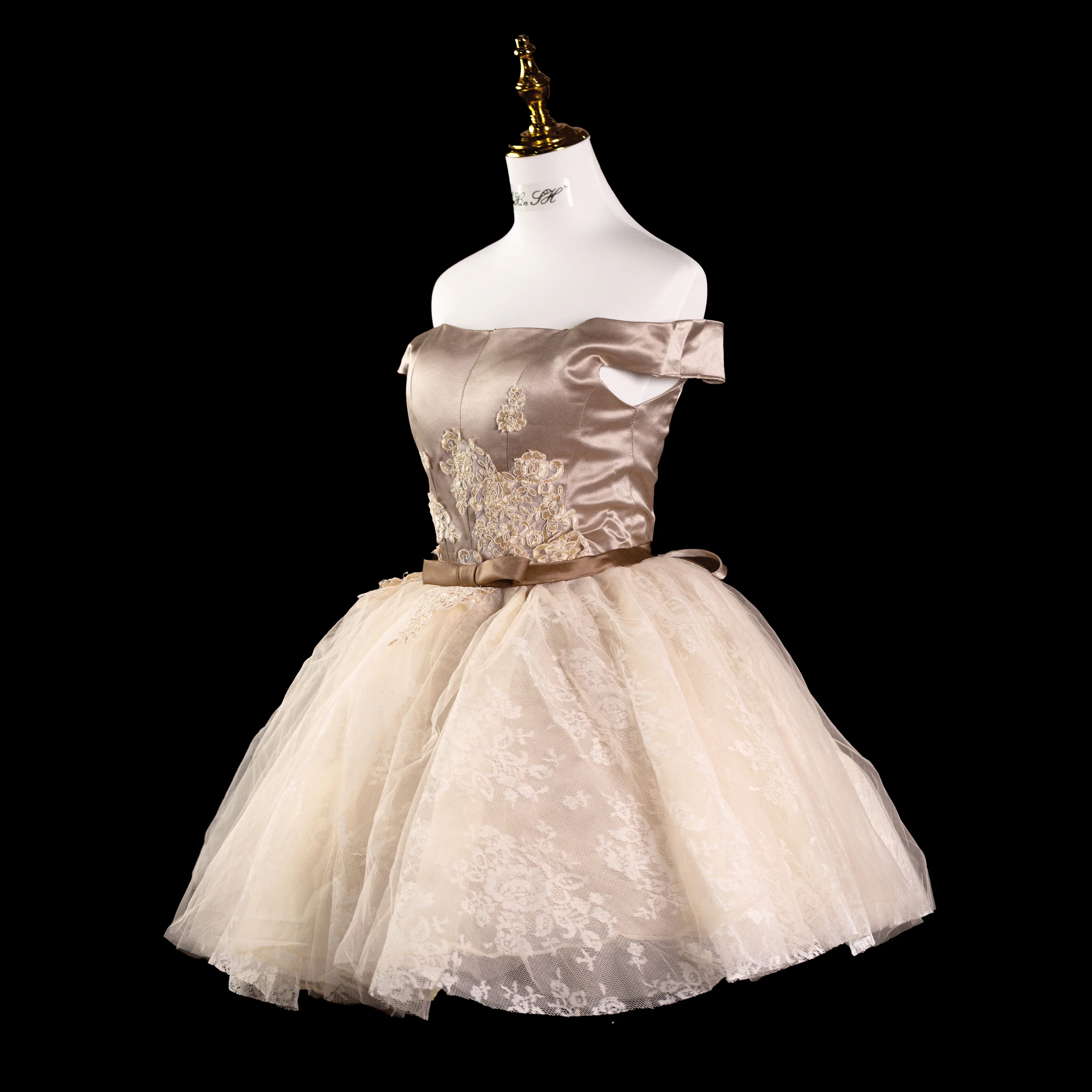 AnXin SH-Robe de soirée en satin champagne, tenue de princesse vintage, dentelle, col bateau, nœud papillon, courte, personnalisée, petite robe blanche