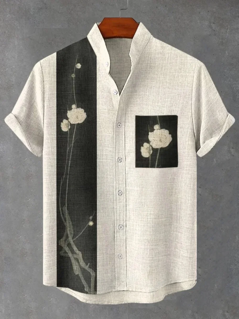 

New men's floral print shirt, vintage stand up collar short sleeved cardigan shirt, street casual breathable linen shirt