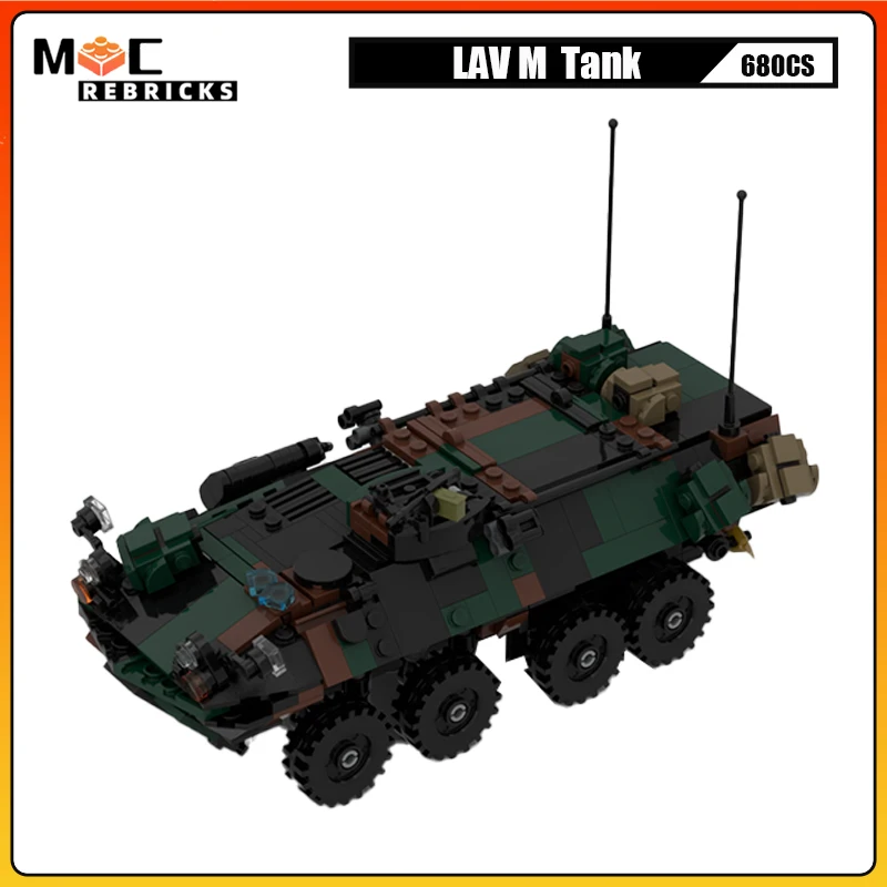 MOC اللبنات الولايات المتحدة الأمريكية الضوء العسكري مركبة مدرعة LAV سلسلة ثمانية عجلات نموذج سيارة مدرعة الطوب لغز اللعب هدية عيد الميلاد