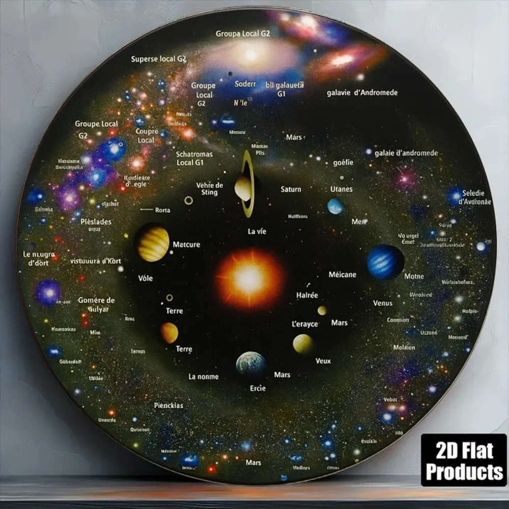 2D Flat - 1pc Solar System & Milky Way Wall Art - 8-Inch Round French & English Labeled Planets Metal Sign