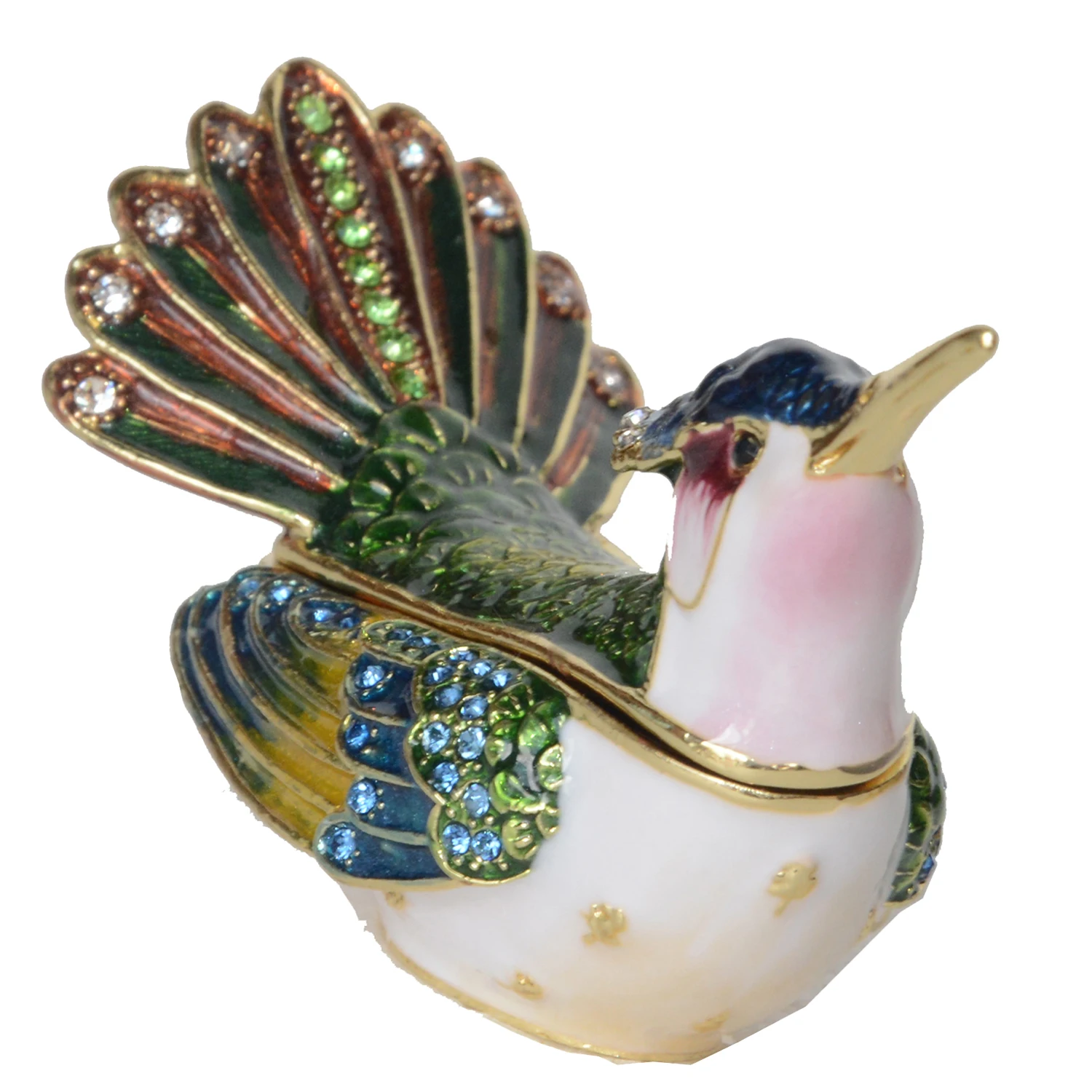 Hand Painted Enamel Hummingbird Trinket Box Hinged Unique Mini Ring Necklace Jewelry Organizer Classical Bejeweled Storage