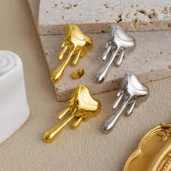 Flowing Liquid Stainless Steel Heart Ear Studs For Women Men Accessories Waterproof Real Gold Plated Fashion Earrings Jewelry