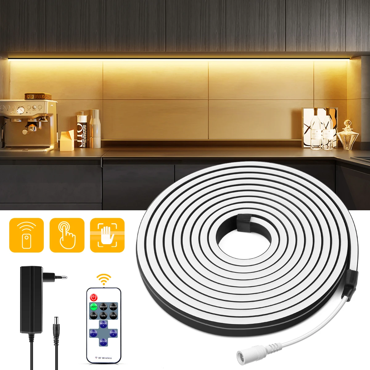 24V Black Silicone Tube Neon LED Light Strip Remote Control/Touch Sensor Dimmable Cabinet Lights Bedroom Backlight Night Lamp