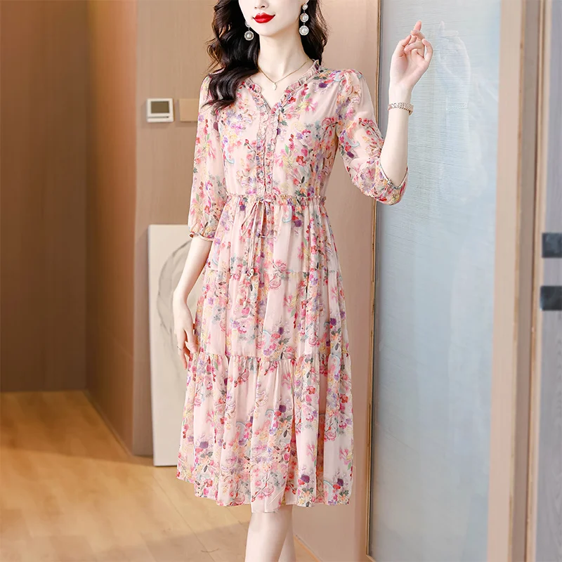 

2024 Summer Floral Silk Midi Dress Women Vintage Boho Vacation Fashion Casual Light Dress Korean Elegant Luxury Festival Vestido