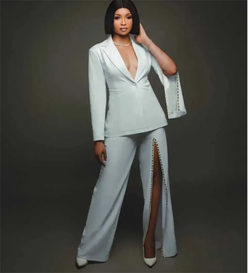 

White Women Suit Set 2 Pcs Beaded Blazer+Split Pants Trousers Customized Formal Office Lady Jacket Wedding One Button Coat