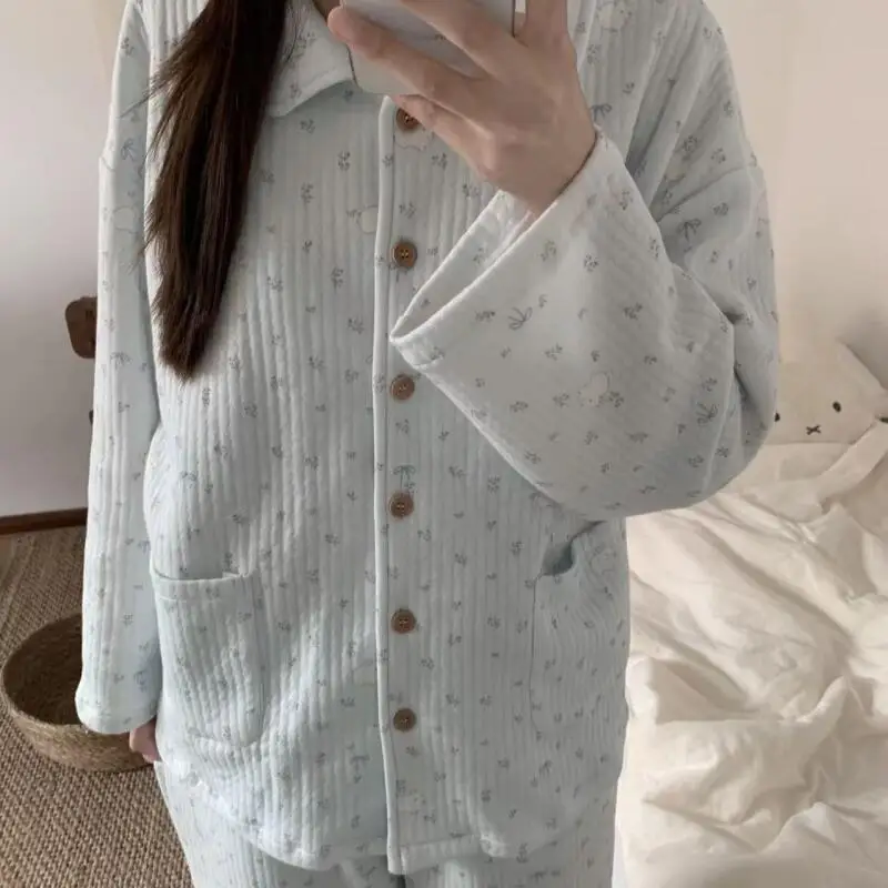 

Women's Clothing Pajama Set Long Sleeves Pants Women's Autumn and Winter Thicken Homewear Keep Warm Minimalist Cotton Pajamas