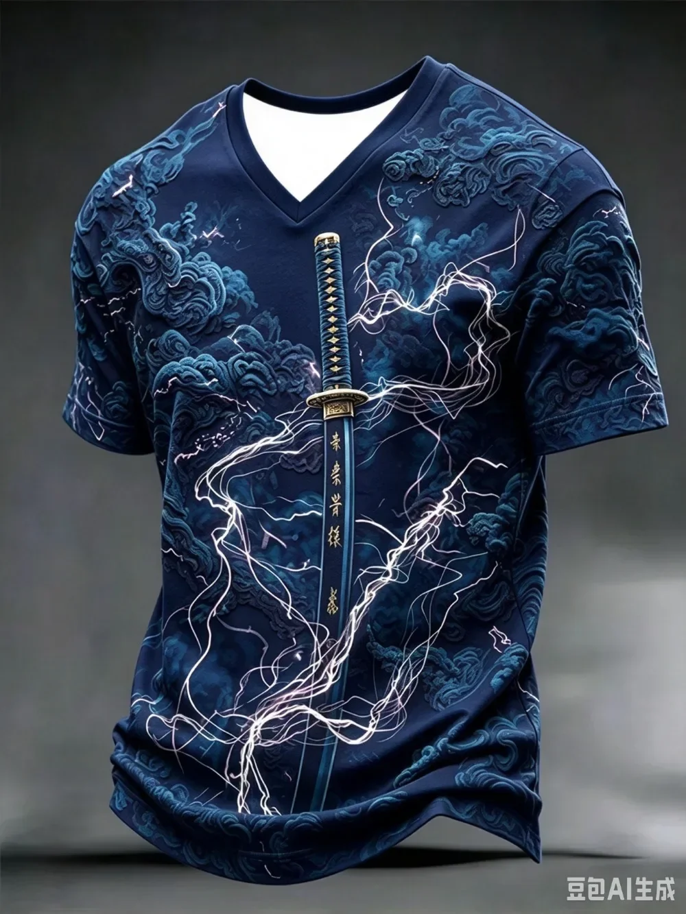 Men's V-neck T-shirt, Japanese Samurai Sword, 3D Printed Short Sleeve Blue Cloud Lightning Pattern, Summer Casual Streetwear Top