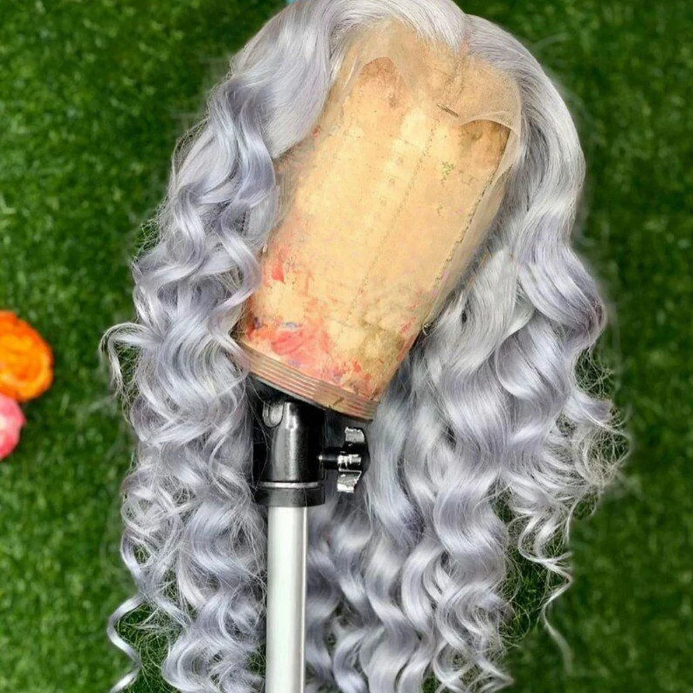 Grey Colored 13x4 Lace Frontal Wigs Loose Deep Wave Lace Front Synthetic Hair Wigs for Women Pre Plucked