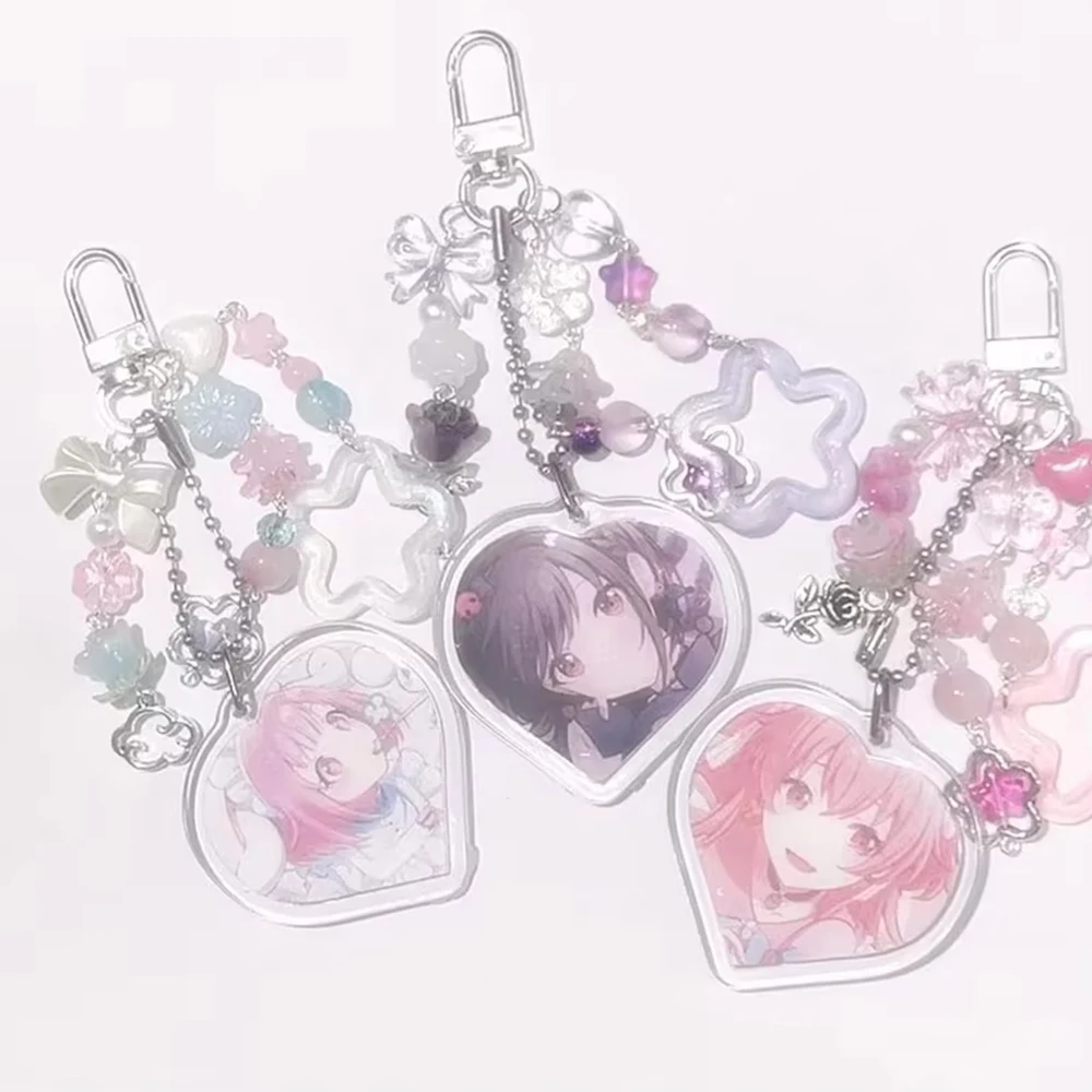 Kawaii Anime Project Sekai Heart Beaded Keychain Star & Flower Pendant Coquette Y2K Aesthetic Backpack Decor for Anime Fans