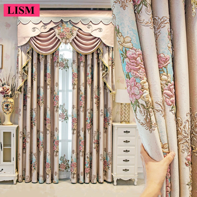 

Luxury European Thickened Embossed Jacquard Curtain Set Living Room Bedroom Flower Window Tulle High Shading Custom Pink Valance