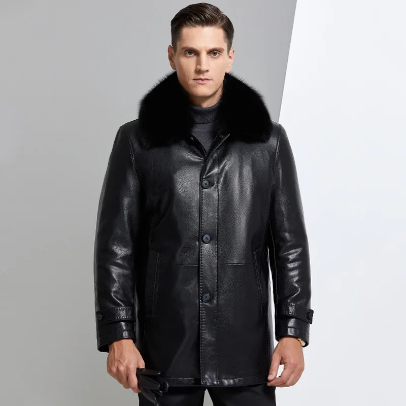 Winter Middle-aged and Elderly Men's Detachable Fur Collar Casual Leather Coat