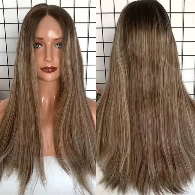 

Средняя часть Основная линия волос Коричневый прямой парик Высокое качество Натуральная предварительно выщипанная линия волос Блондинка Коричневые полосы Синтетический парик