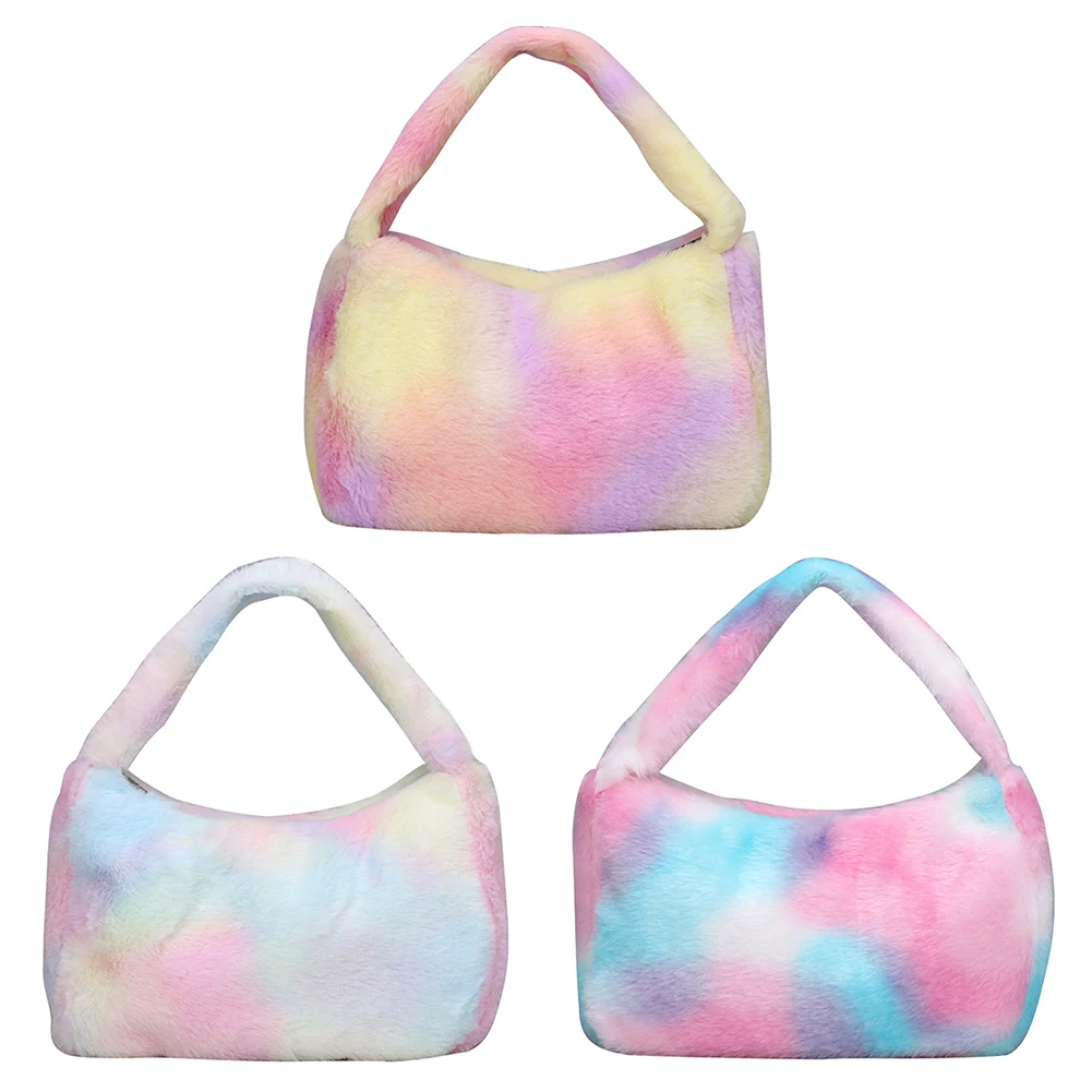 

Rainbow Shoulder Bag Simple Plush Wrist Bag Large Capacity Colorful Top-handle Bag Soft Tote Handbag Slouchy Shopper Bag