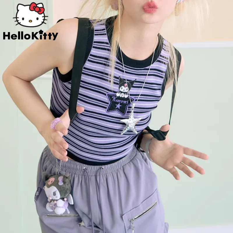 Sanrio Kuromi Melody Cute Sweet Round Neck Small Vest Cartoon Stripes Slim Crop Top Y2k Women Korean Style Summer Fashion Tops