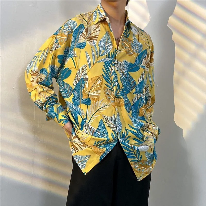 Korean Version Mens Vintage Long Sleeve Dress Shirt Trend Couple Hawaiian Loose Flower Print Blouses Shirt Mens Designer Clothes