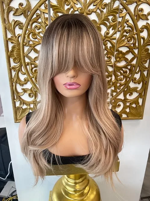 Ombre Blonde Brown Synthetic HD Lace Front Wig with Bangs Heat Resistant Fiber Small Large Size Cap Party Daily Cosplay Wig 18''