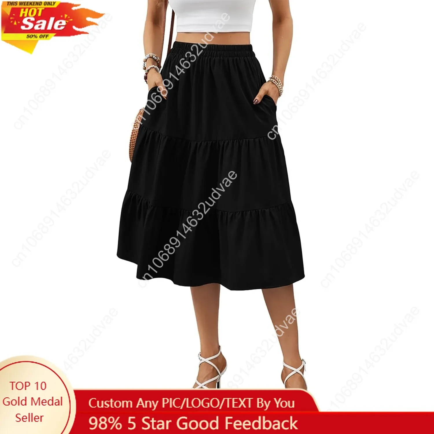 

Lyrur Women's Floral Midi Skirt with Pockets High Elastic Waist Flowy Ruffle Casual Summer Boho Aline Skirts