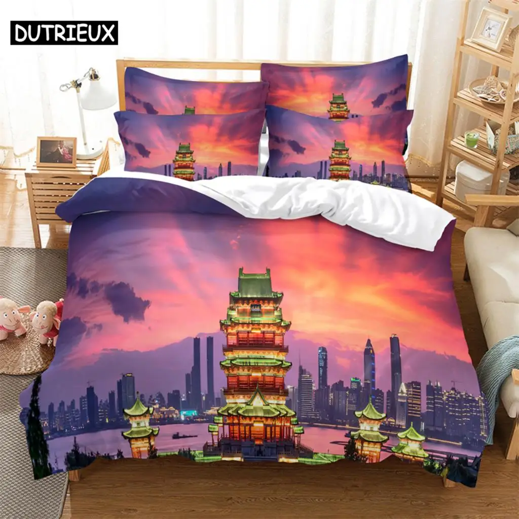 

3D digital printing 2/3pc quilt cover pillowcase double bed set cover quilt Soft Microfiber bedding set Pagoda