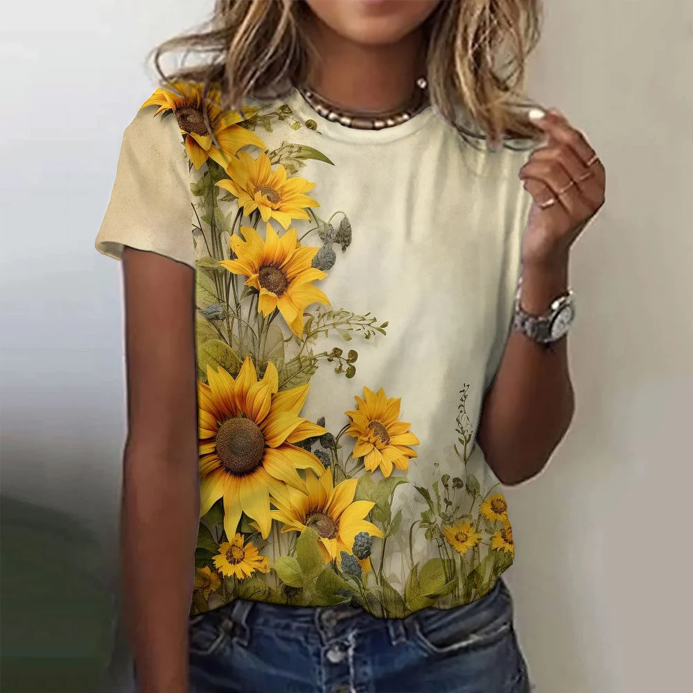 

Elegance Women's T-shirts Sunflower Print O-neck Short Sleeves T shirt Casual Loose Tops Summer Vintage Women Clothing Pullover