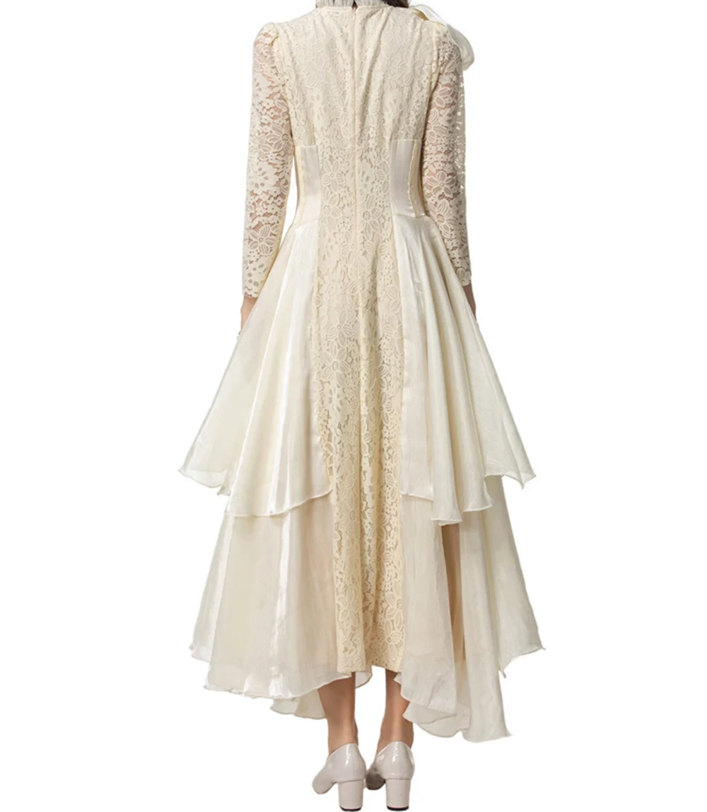 Beautiful bow ribbon ruffle lace chiffon flowing dress European and American 2025-GZDL118