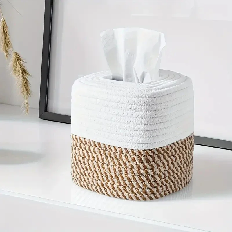 1pc Tissue Box Square Desktop Napkin Decorative Box Multi-functional Hand-woven Storage Basket Cotton Thread Tissue Storage Box