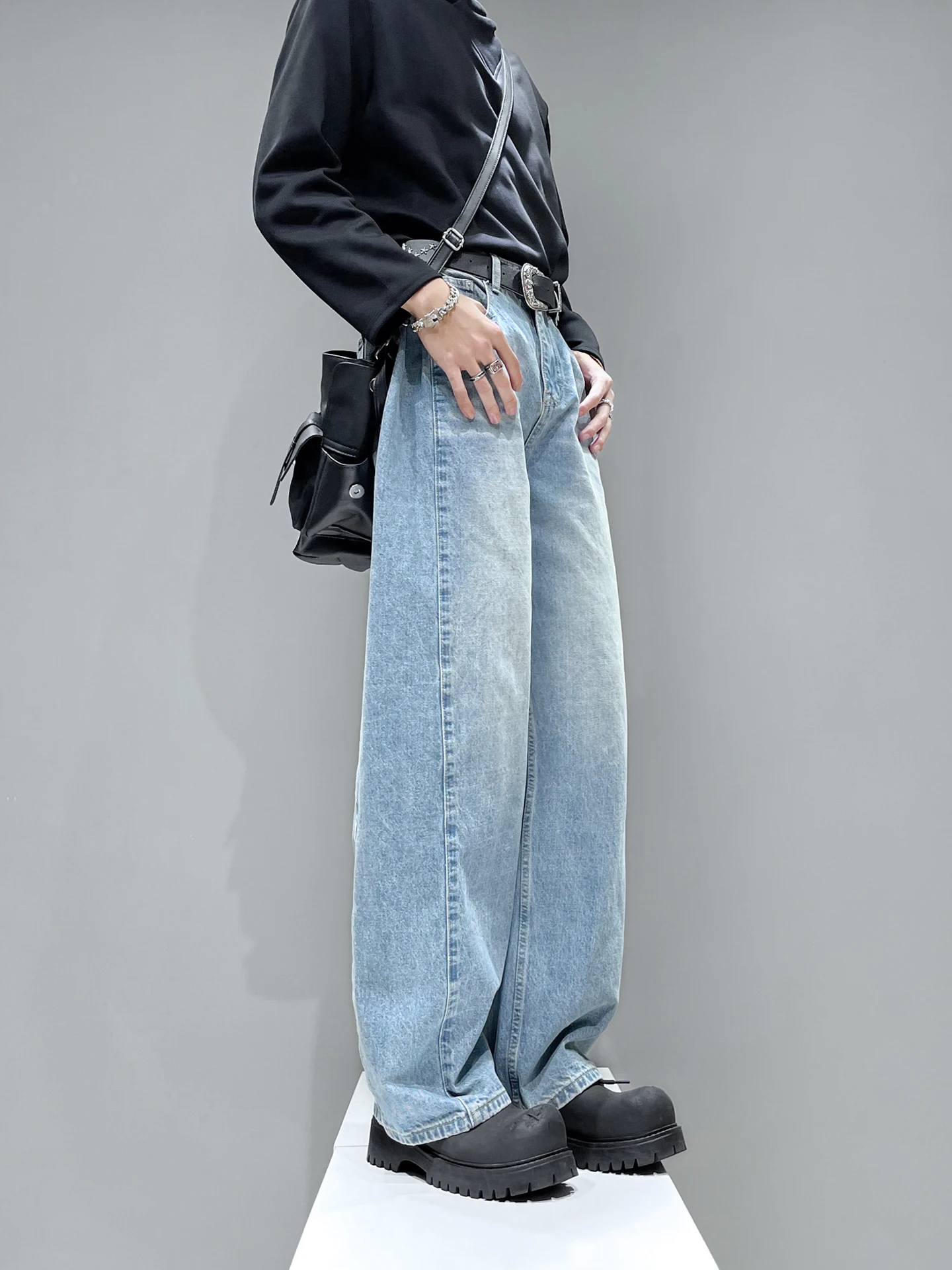 

Original American Retro Washed Loose Straight Leg Jeans Men Light Blue Casual Trendy Pants Youth Popular mid Waist Zipper Fly