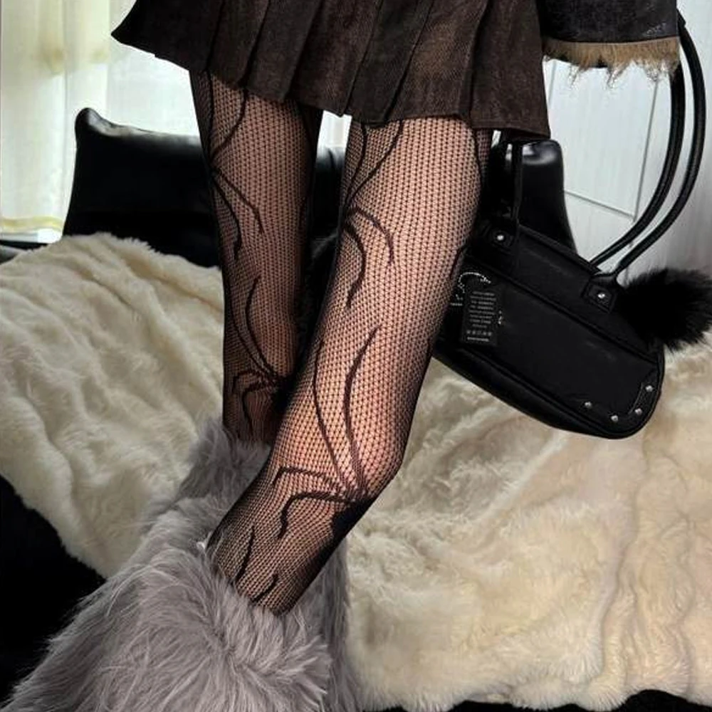 

Summer Fashion Dark Gothic Spider Print Tights Y2K Sexy Pantyhose Fishnet Stockings Black White Gray Stocking for Spicy Women