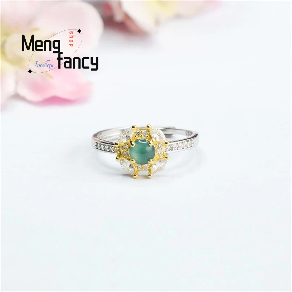 S925 Silver Inlaid Natural Ice Blue Water Jadeite Ring Exquisite Elegant Simple High-grade Luxury Fashion Jewelry Holiday Gifts