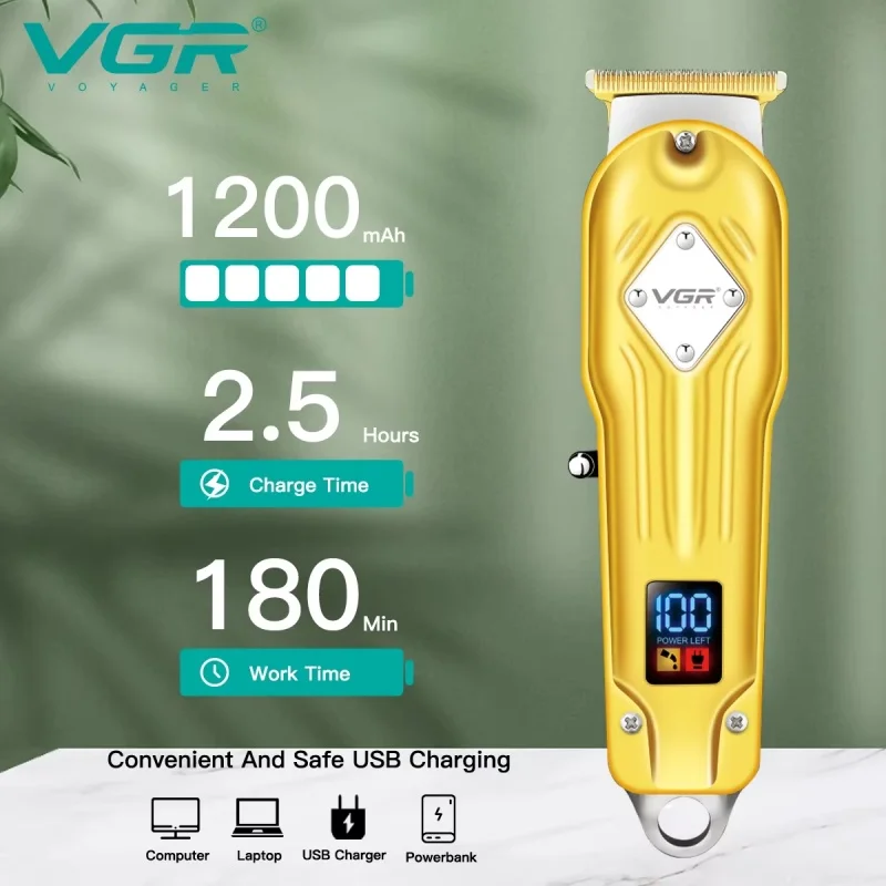 VGR V-261 Electric Hair Clipper for Men Metal Shell DLC Stainless Steel Blade LED Digital Display USB Rechargeable Cordless Hair