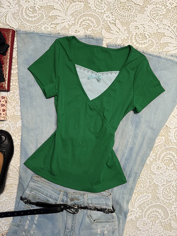 Original bleu v-ne ort Sve T-irt femme été couleur Blo Design beau petit haut mélange de coton Faionable