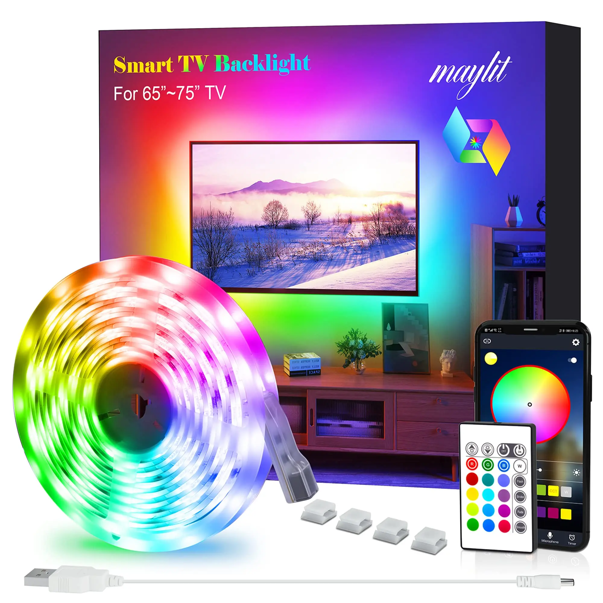 

16.4ft RGB LED Strip Lights for 65-75in TVs, Bluetooth Music Sync, USB Bias Lighting Kit with Remote Control - 5050 LEDs for Roo