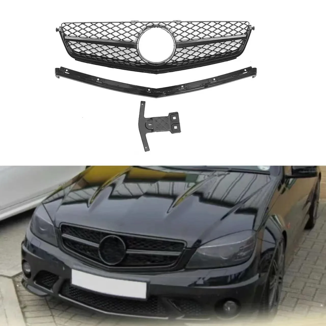 

For 2009-2011 Mercedes Benz W204 Real C63 AMG Style ABS Plastic Racing Grille Body Kit Direct Replacement Gloss Black