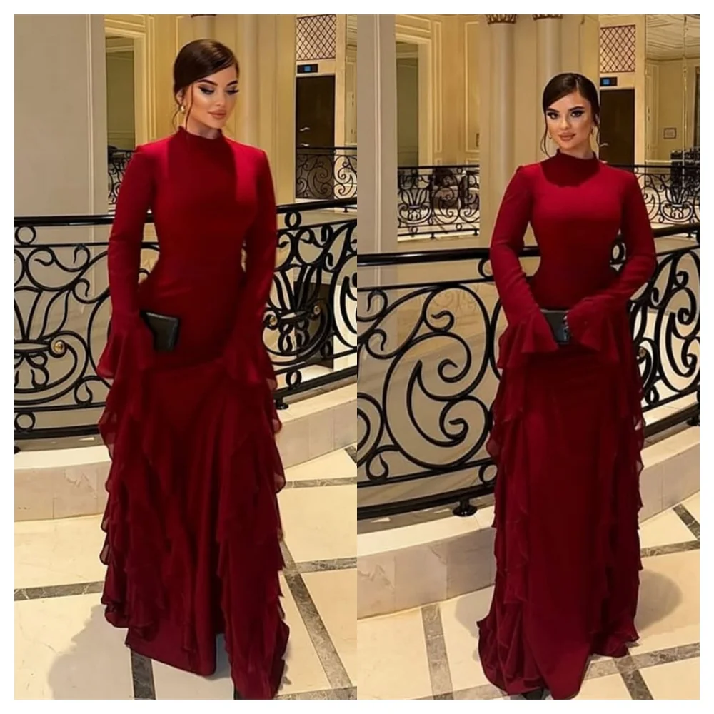 Vestido de noche de gasa burdeos moderno personalizado, vestido de fiesta de manga larga con cuello redondo a la moda, vestidos clásicos hasta el suelo para celebridades