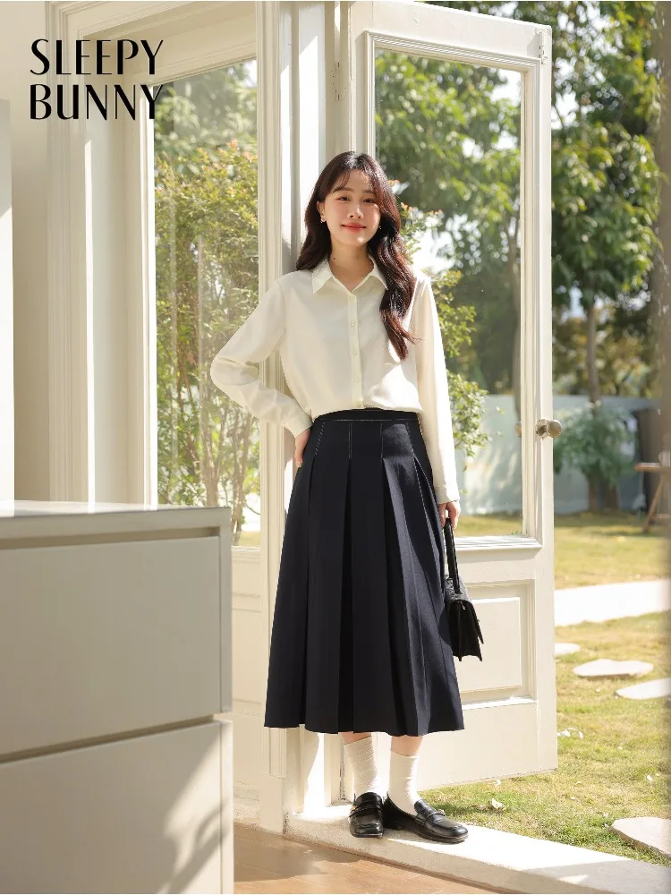 

High Waist Pleated Skirt Contrast Stitch A Line Denim Look Midi Flared Skirt for Spring School Daily Elegant Casual Wear Outfits