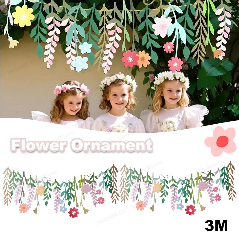 INS Kids Vintage Flower Happy Birthday Garland Paper Leaves Flower Flag Hanging Festive Party Backdrops Decoration  photography