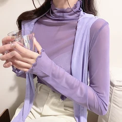 Sexy Women Stretch Mesh Shirt S-XL See Through Transparent Basic Top For Female Bottoming Blouses Long Sleeve Ladies T Shirt