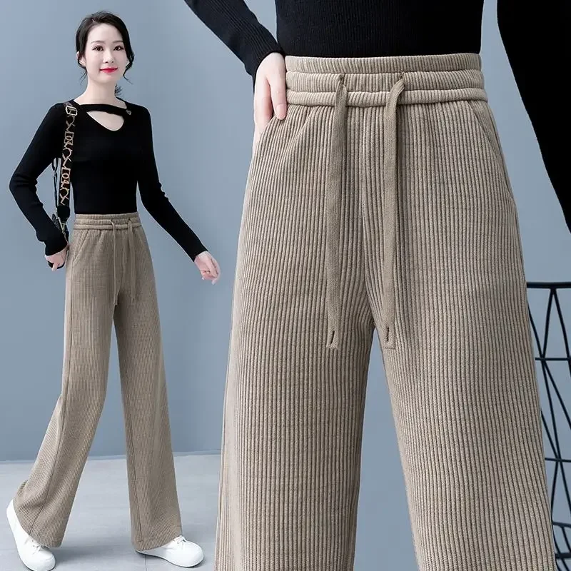 New Spring Autumn  Grey Knitted Wide Leg Women Casual Pants High Waist Straight Tube Floor Sweeping Pants