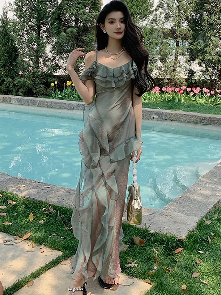 여성 그린 패치워크 러플 V넥 슬링 섹시 드레스 2025 한국 빈티지 럭셔리 댄스 파티 드레스 여름 우아한 이브닝 드레스