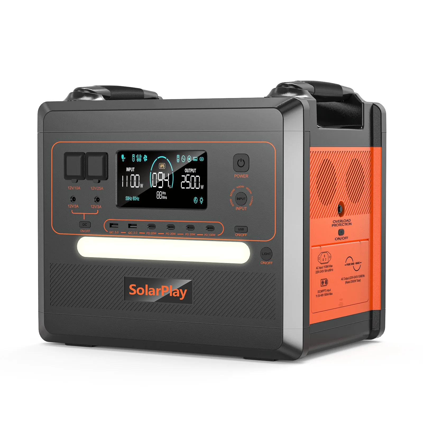 Solar Play Q2402M Draagbare Power Station 2304Wh 2500W (Piekvermogen 5000W) Ultra-capaciteit zonnegenerator met 200W opvouwbaar zonnepaneel voor thuis, buiten, kamperen en mobiele stroomvoorziening.