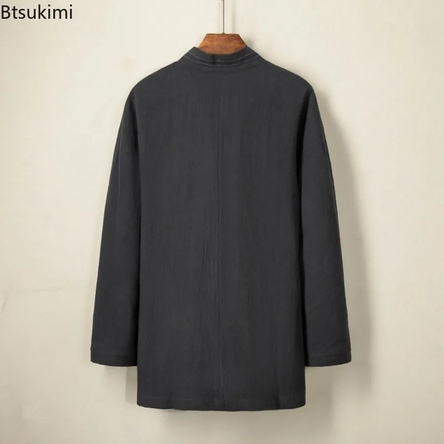 New Autumn Winter Men's Chinese Style Linen Cardigan Jacket Loose Kimono Jacket Solid Color Self-Tie Hanfu Traditional Clothing