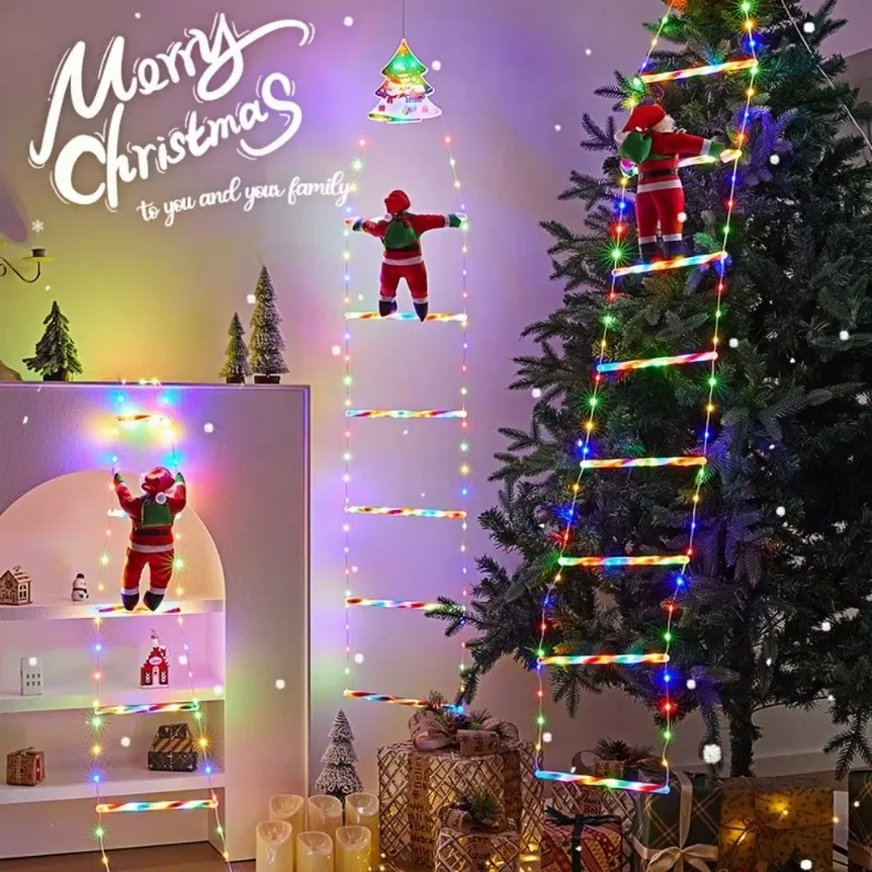 LED Christmas Decorations Lights USB Plug Ladder Light String with Santa Claus for Indoor Outdoor Window Garden Xmas Tree Decor