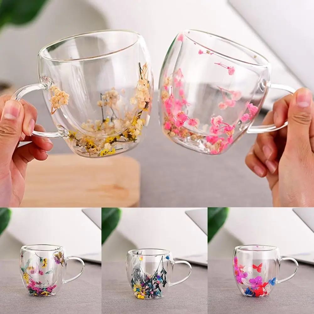 Creative Double Wall Coffee Mug Real Dried Flower Filler Glass Cups Tea Coffee Cup With Handles Heat Resistant Mug Gift