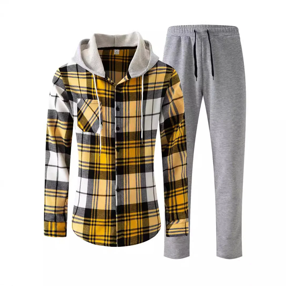 Autumn Men's Shirt Plaid Hooded Design Long Sleeve Trousers Sports Style Casual Fashion High Quality Slim Fit Men's Suit